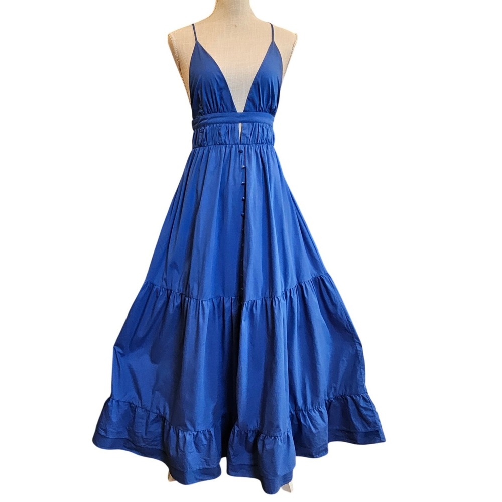Rosevelvet Blue Tiered Maxi Cotton Dress Small Boho V-Neck Open Back Ruffle Hem